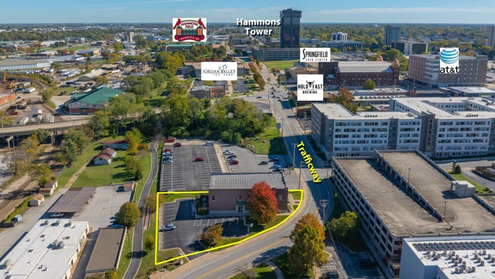 Aerial view of the Community Foundation of the Ozarks property outlined in yellow along East Trafficway, with labeled downtown Springfield landmarks including Hammons Field, Hammons Tower, Jordan Valley Ice Park, Springfield Expo Center, Hold Fast Brewing, and AT&T.