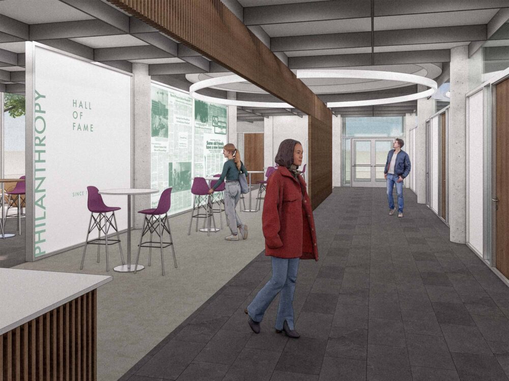 Rendering of a modern interior hallway with seating areas, glass walls, and a “Philanthropy Hall of Fame” display.