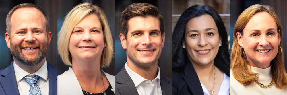 A collection of five portraits, from left to right: Josh Cotter, Barb Houser, Travis Liles, Judith Martínez-García and Louise Secker.
