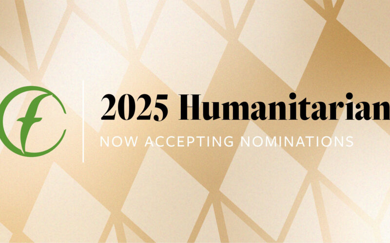 Graphic reading 2025 Humanitarian - Now Accepting Nominations with a gold geometric background and the CFO logo