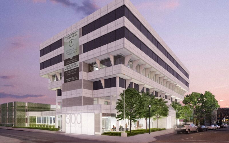 Rendering of a modern multi-story office building at a street corner, with large windows and a banner for the Community Foundation of the Ozarks displayed on the façade at sunset.