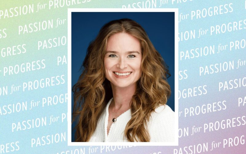 Portrait of Jessica Polk Sentell, a woman with long, wavy hair wearing a white top, framed against a pastel background patterned with the words “Passion for Progress.”