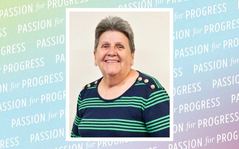 Portrait of Dr. Debra Rocye with "Passion for Progress" repeated over a multicolored background.