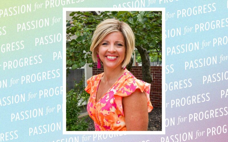Portrait of Lori Jones with "Passion for Progress" repeated over a multicolored background.
