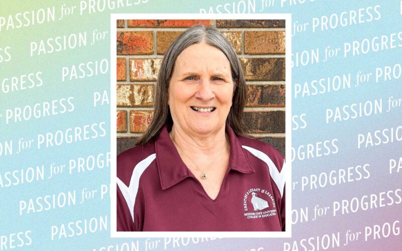 A multicolored background with a repeating pattern that reads Passion for Progress with a photo in the center. The photo is a portrait of a woman, smiling and wearing a maroon collared shirt.