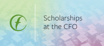 CFO logo with text reading Scholarships at the CFO on a muted background of students at a commencement ceremony.